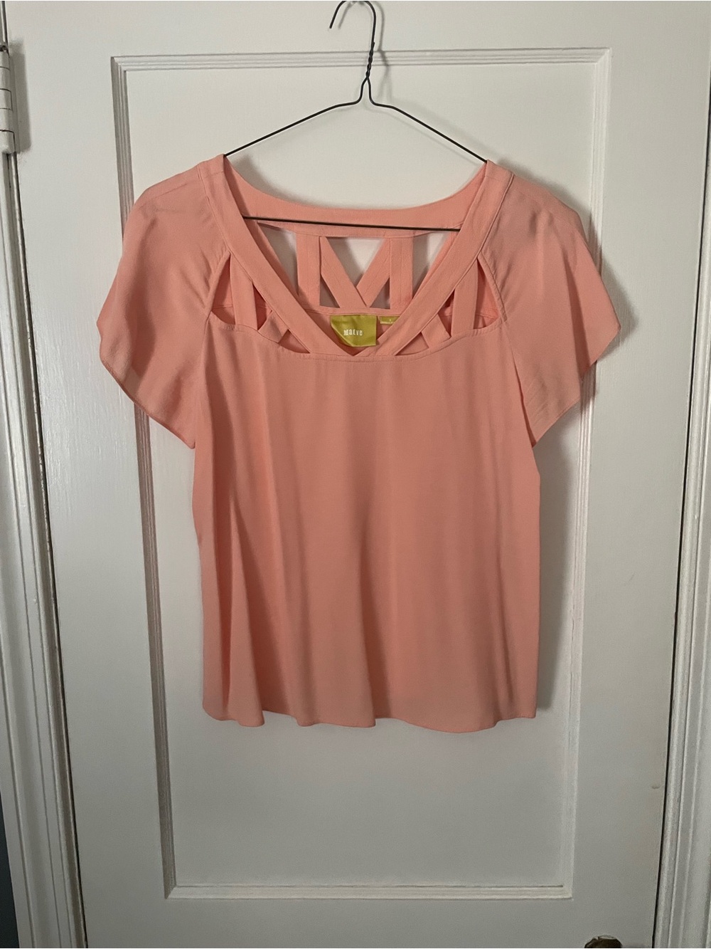 Maeve by Anthropologie "Tri-Cut" lattice-detail blouse Sz 6 Peach Flutter Sleeve
